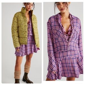 NWT Free People Milo Plaid Button Down Mini Dress in Candy Purple/Pink XS